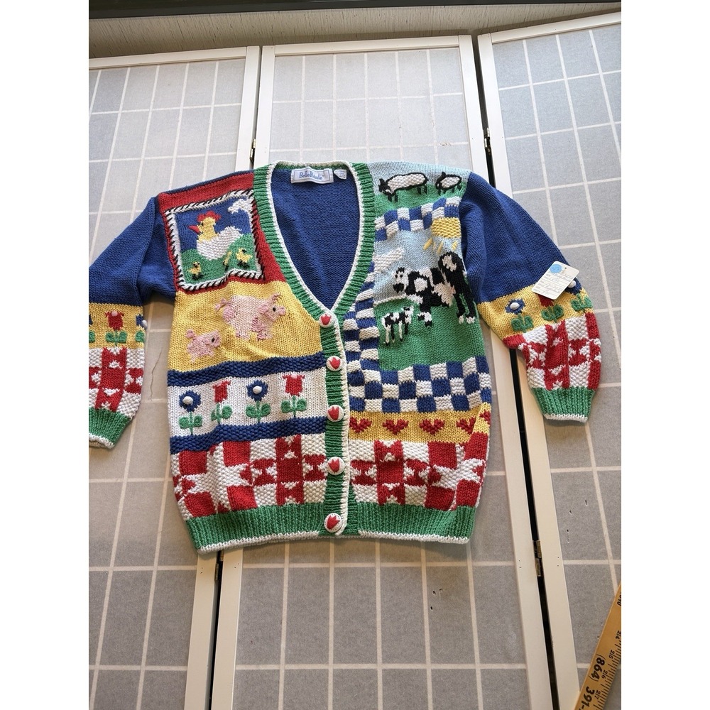 NWT Vintage Tacky Novelty Teacher Farm Pig Cow Cardigan BellePointe Granny SzM
